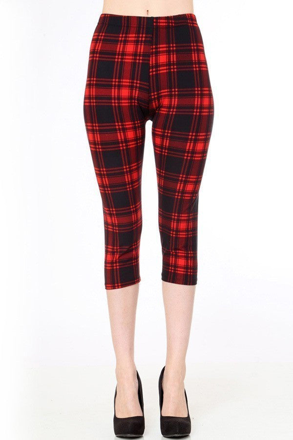 Plaid Print Brushed Capri Leggings