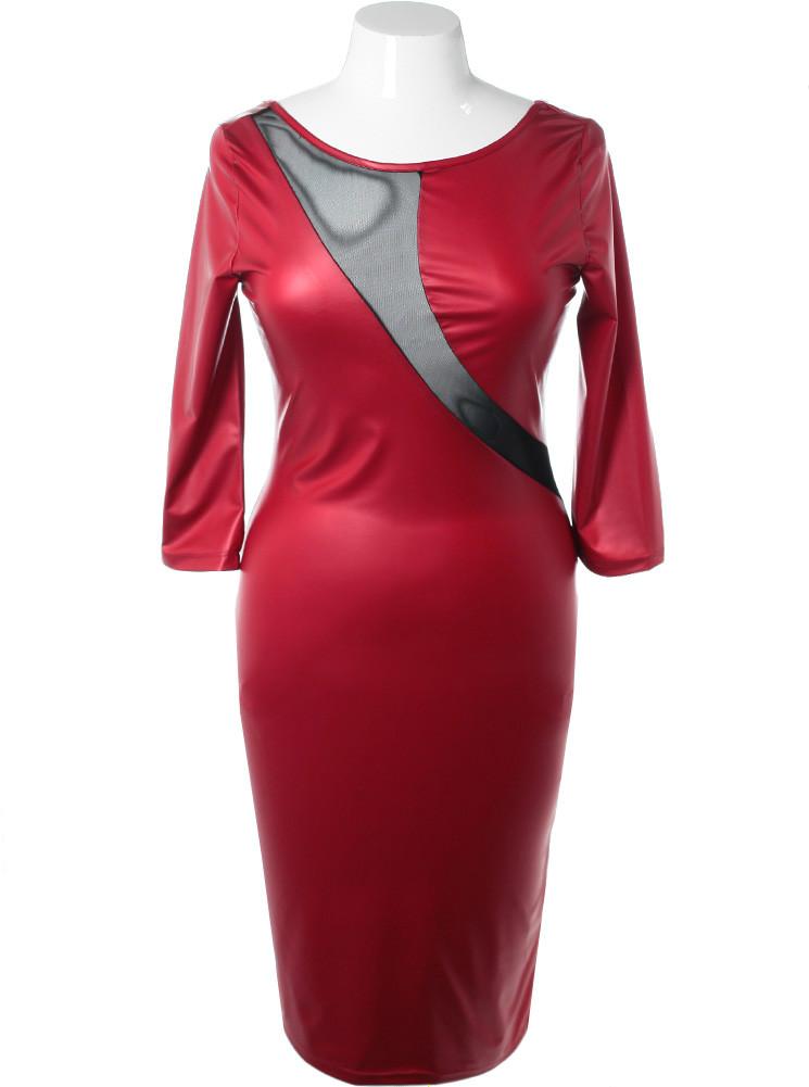 Plus Size Shiny Scuba Mesh Red Midi dress