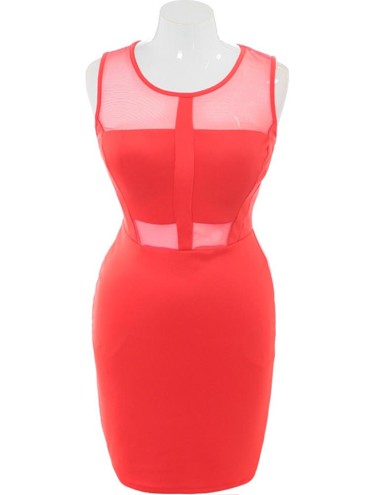 Plus Size Scuba Mesh Panels Coral Dress