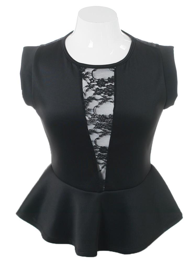 Plus Size Seductive Lace V Peplum Black Top