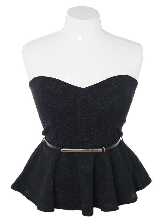 Plus Size Belted Peplum Textured Black Top