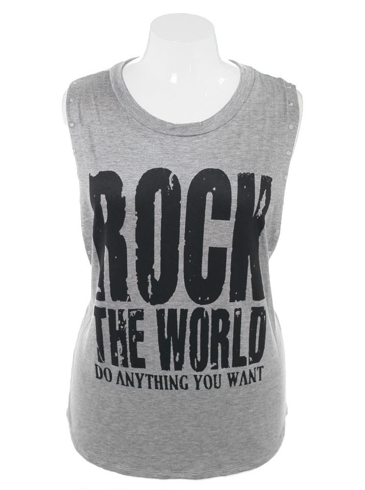 Plus Size Sexy Rock The World Studded Grey Tank