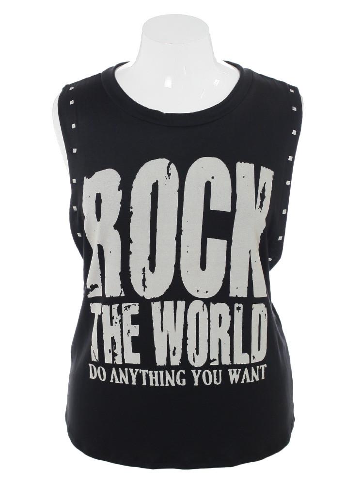 Plus Size Sexy Rock The World Studded Black Tank