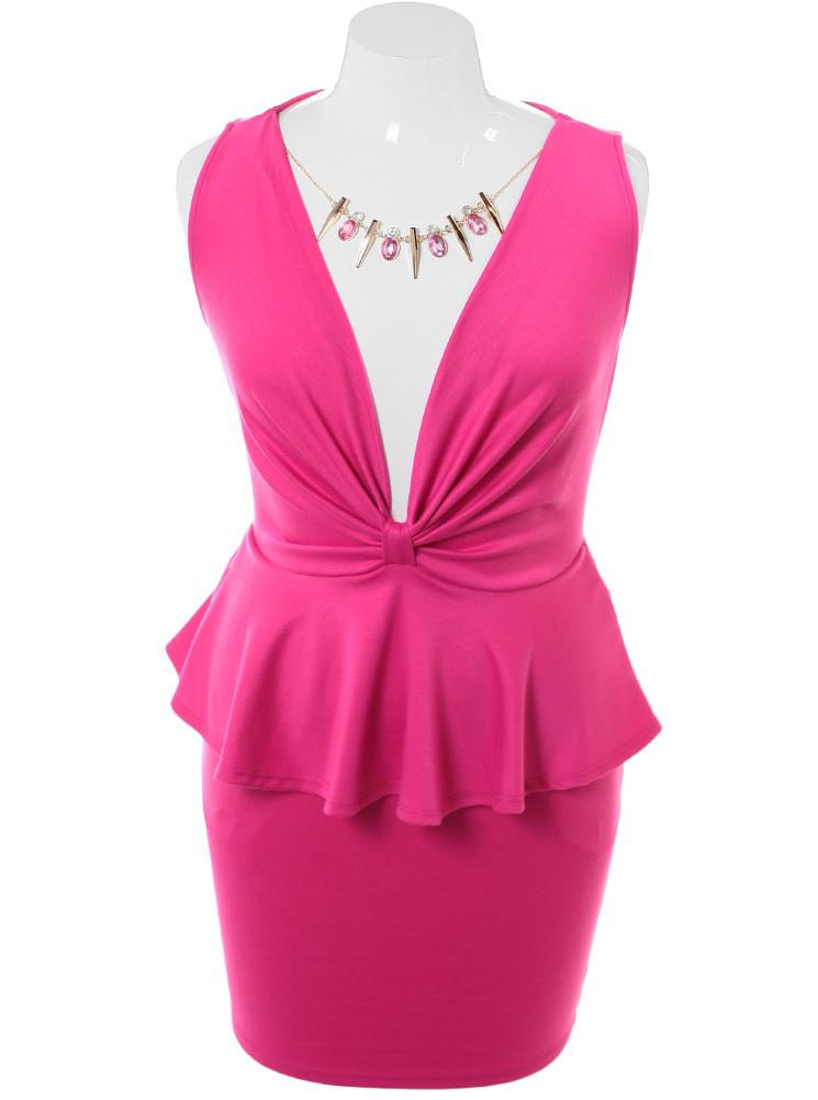 Plus Size Sweet Bow Peplum Pink Glam Dress