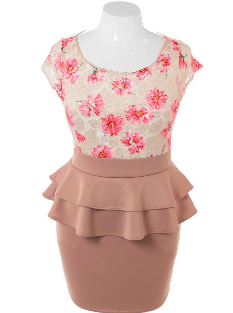 Plus Size Flower Art Mesh Peplum Cream Dress