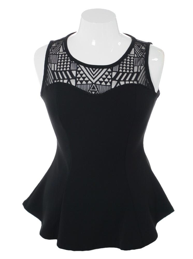 Plus Size Geometric Mesh Black Tunic