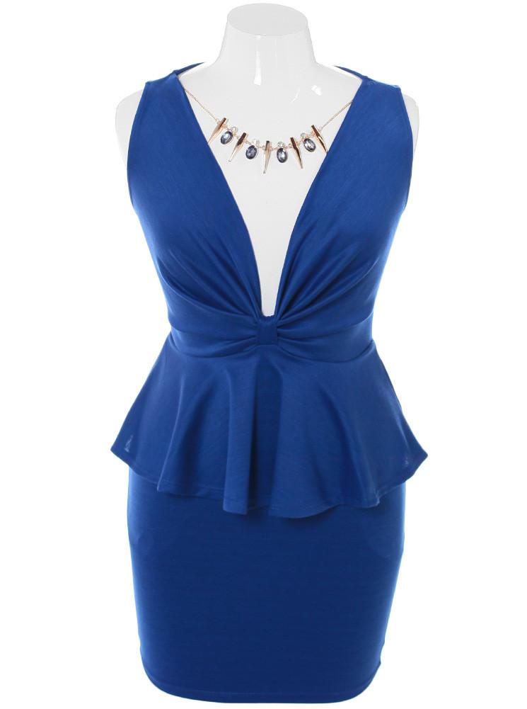 Plus Size Sweet Bow Peplum Blue Glam Dress