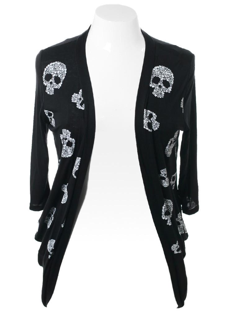 Plus Size Skull Pattern Open Black Cardigan