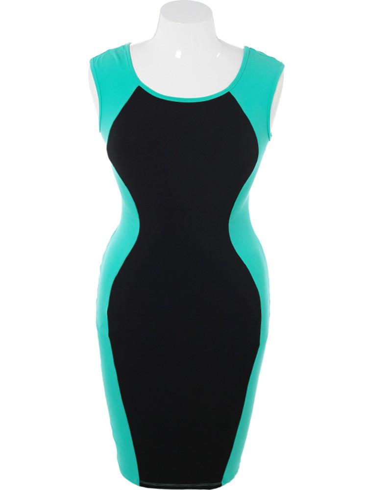 Plus Size Sexy Colorblock Midi Teal Dress