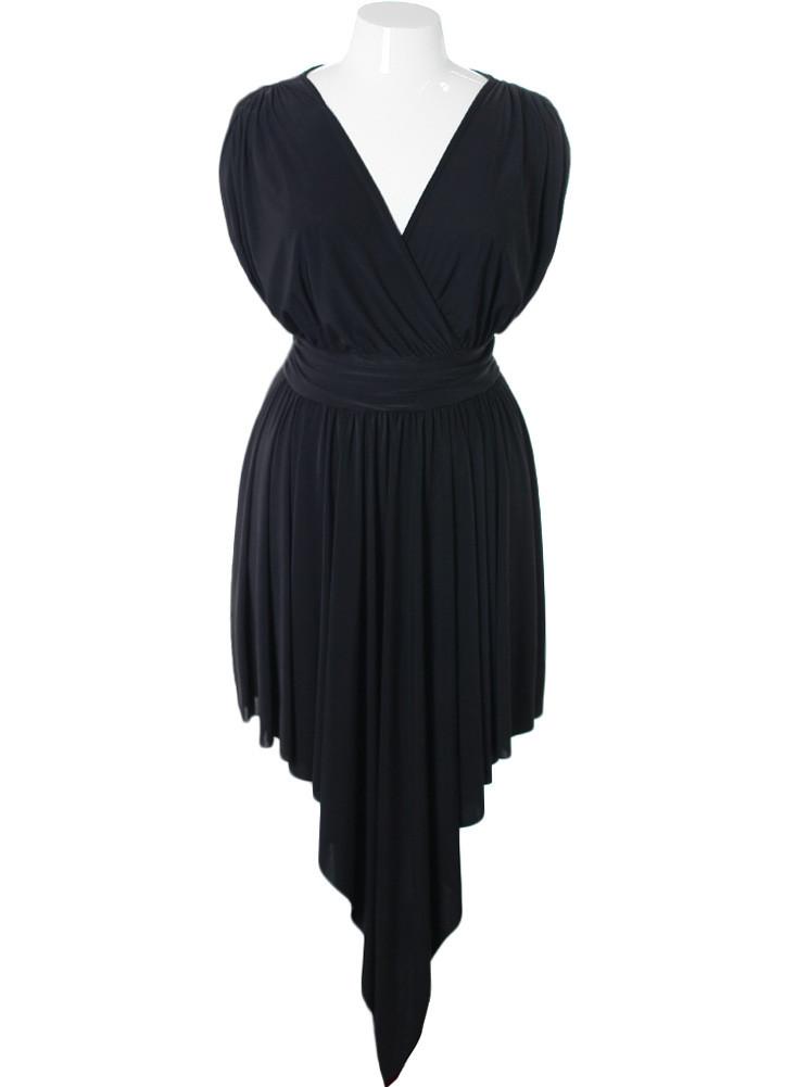 Plus Size Silky Gathered Point Skirt Black Dress