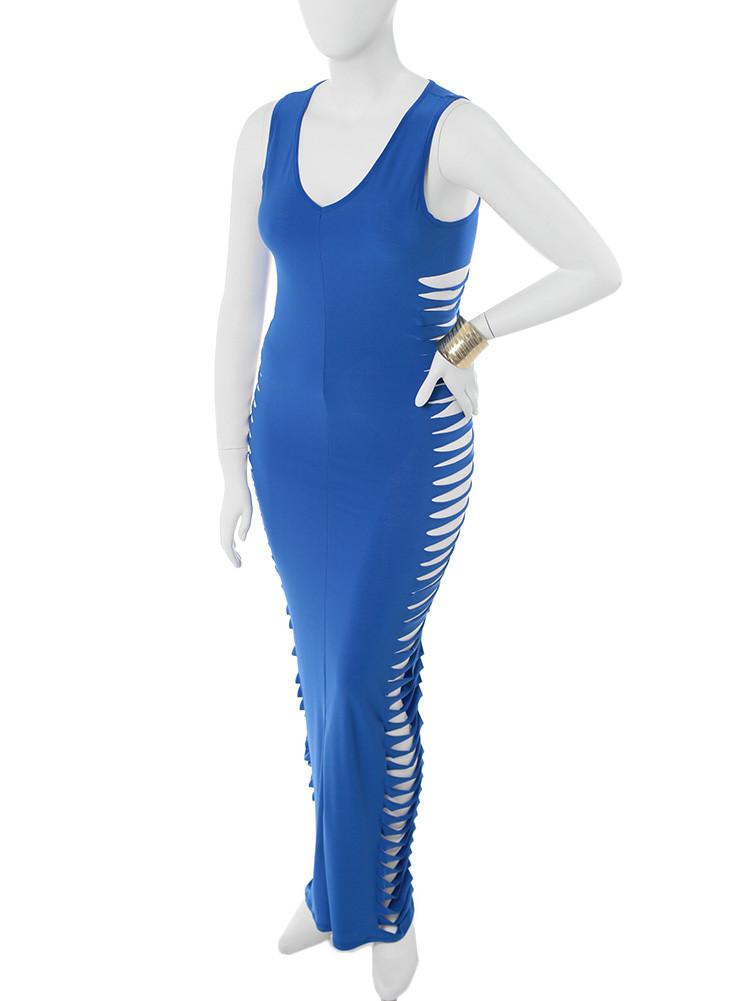 Plus Size Seductive Shredded Sides Blue Dress