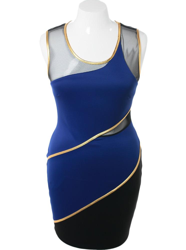 Plus Size Gold Trim Mesh Blue Dress