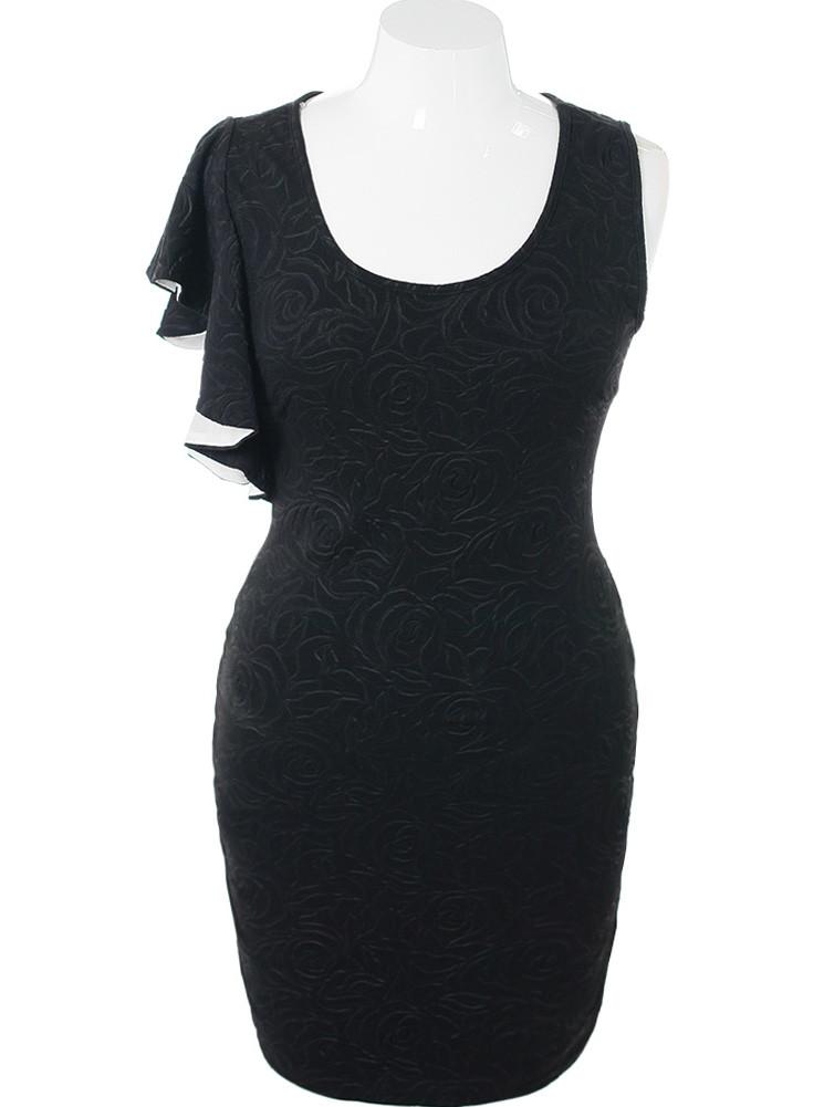 Plus Size Glamour Shoulder Textured Black Dress