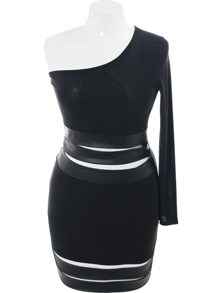 Plus Size Striking One Sleeve Leather Black Dress