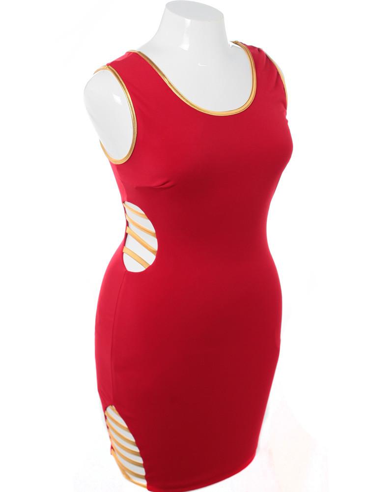 Plus Size Gold Trim Cut Out Ladders Red Dress
