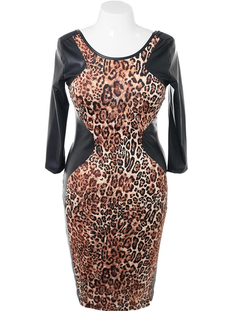 Plus Size Leopard Faux Leather Sleeves Dress