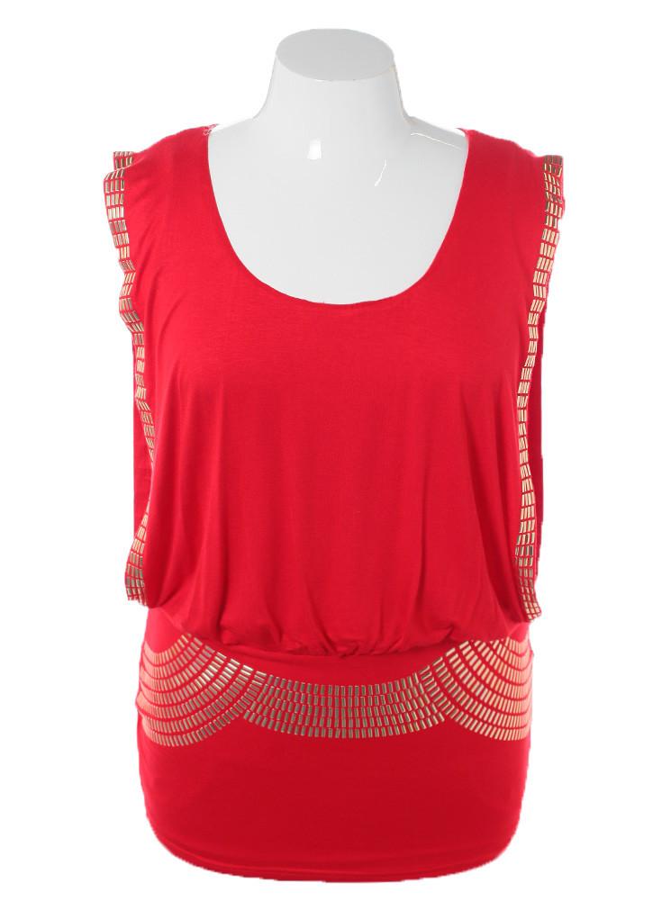 Plus Size Sleeveless Gold Studded Long Red Top