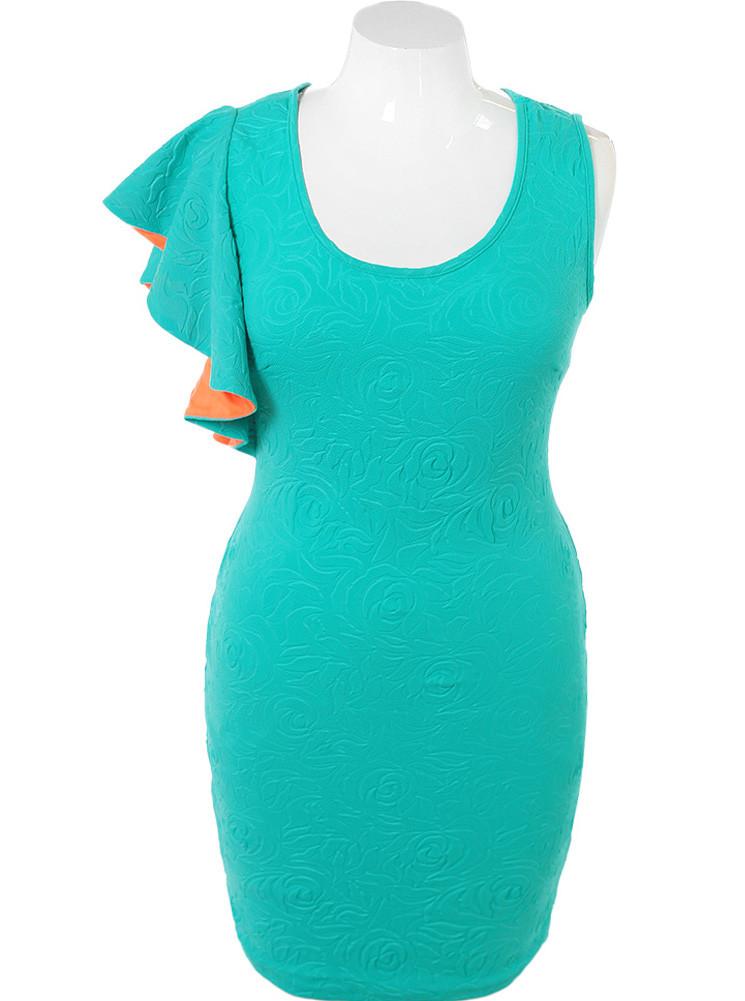 Plus Size Glamour Shoulder Textured Teal Dress