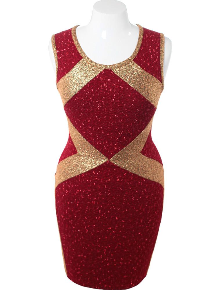 Plus Size Bodycon Sparkling Gold Red Dress