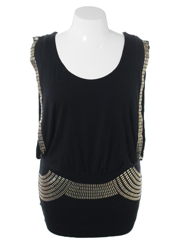 Plus Size Sleeveless Gold Studded Long Black Top