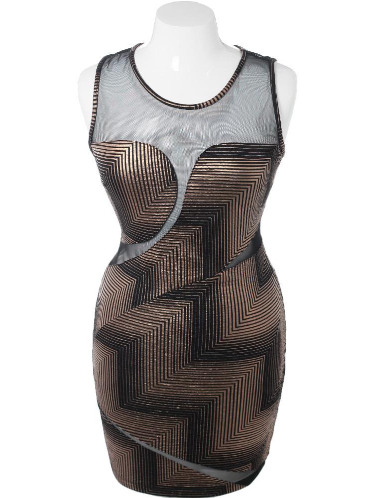 Plus Size Metallic Swirl Mesh Gold Dress