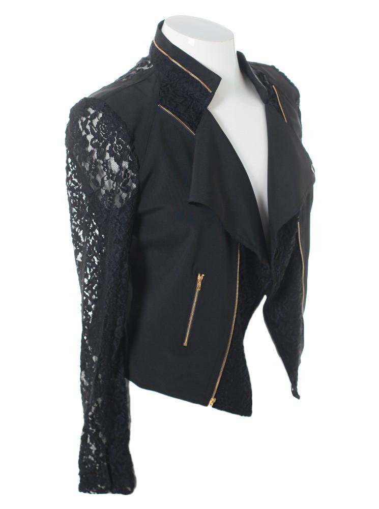 Plus Size Lace Sleeves Black Biker Jacket