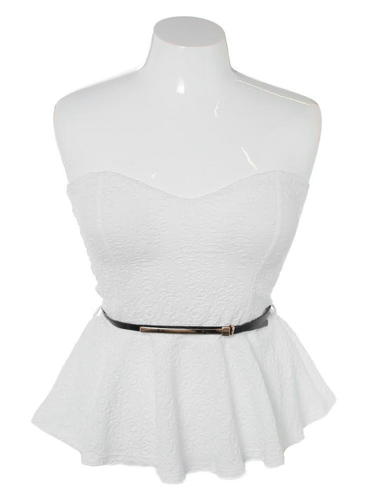 Plus Size Belted Peplum Textured White Top
