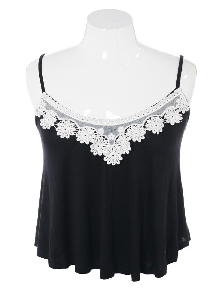 Plus Size Breezy Knit Floral Lace Black Cami