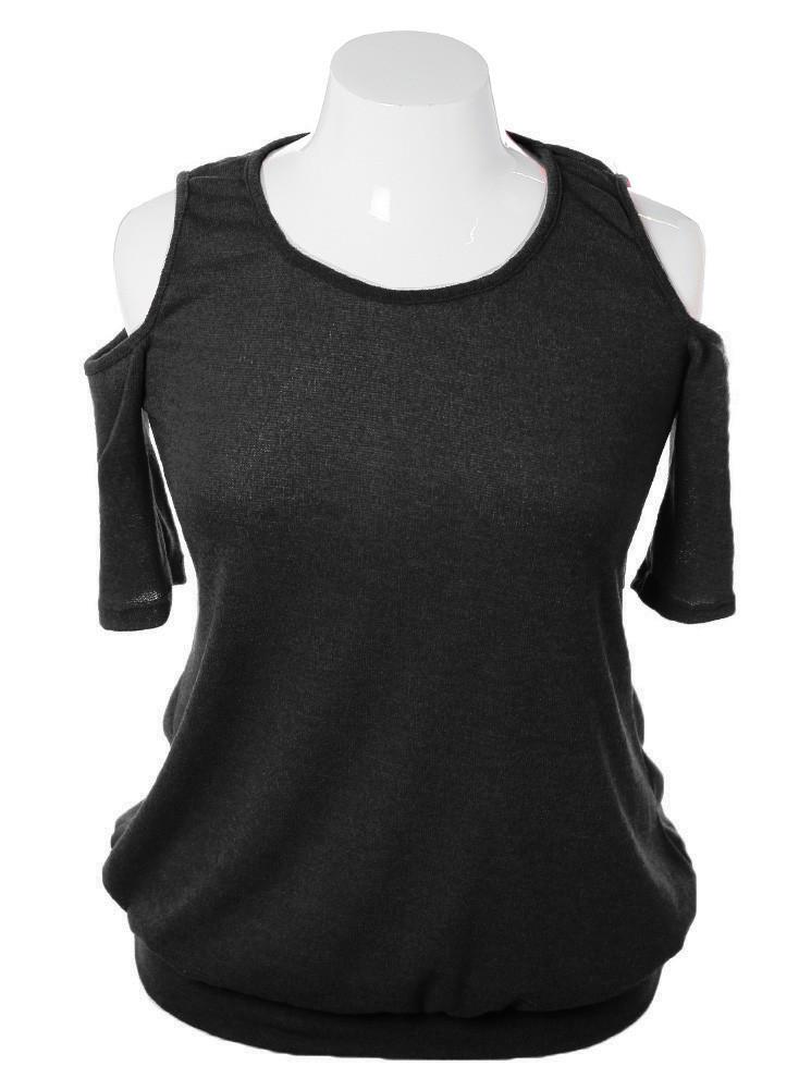 Plus Size Soft Open Shoulder Black Top