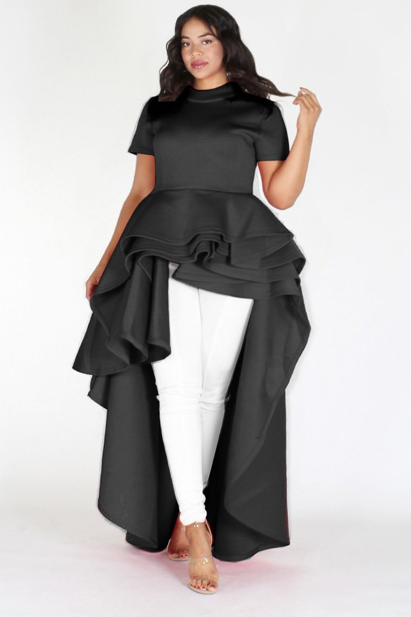 Plus Size Glam Short Sleeve Hi Low Tiered Black