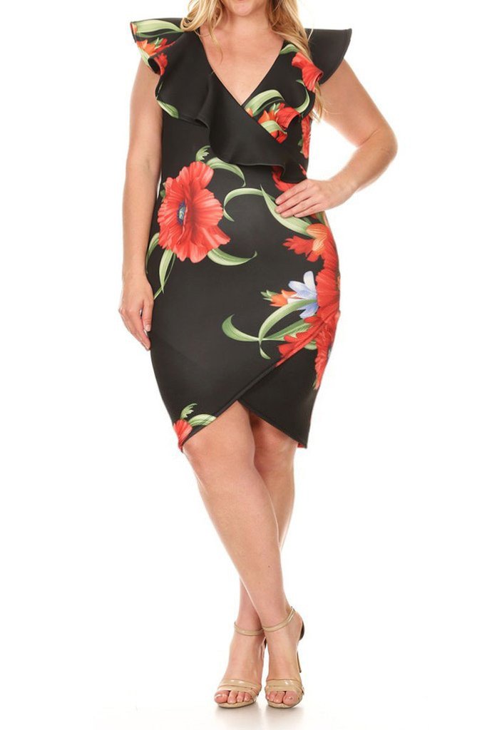 Plus Size Floral V-Neck Line Scuba Dress [SALE]