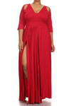 Plus Size Solid Cut Out Shoulder Slit Maxi