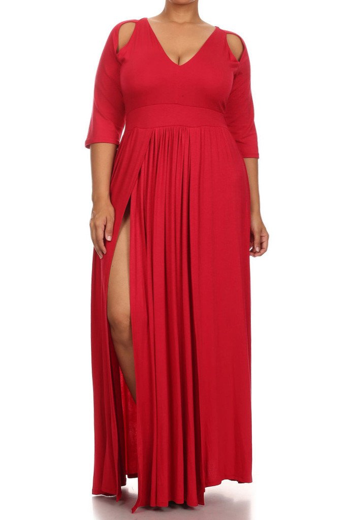 Plus Size Solid Cut Out Shoulder Slit Maxi