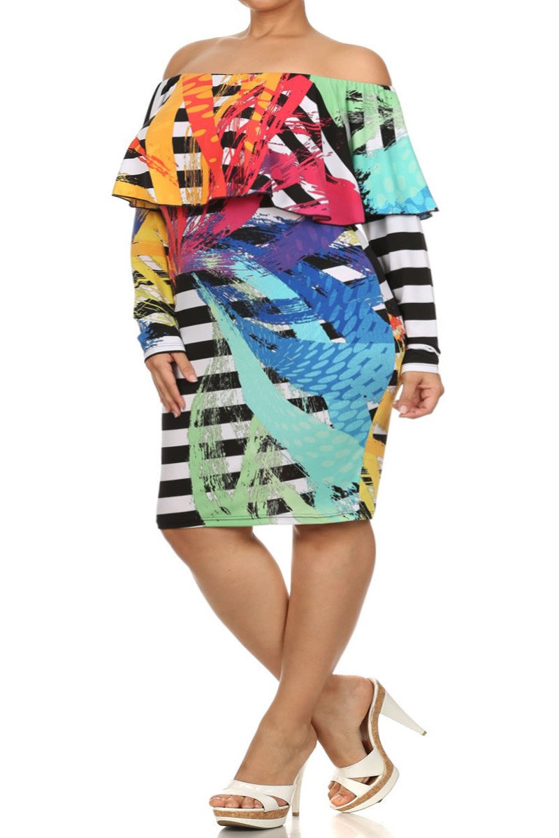 Plus Size Off Shoulder Abstract Stripe Dress