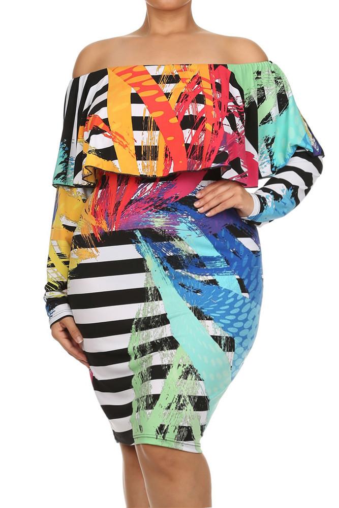 Plus Size Off Shoulder Abstract Stripe Dress