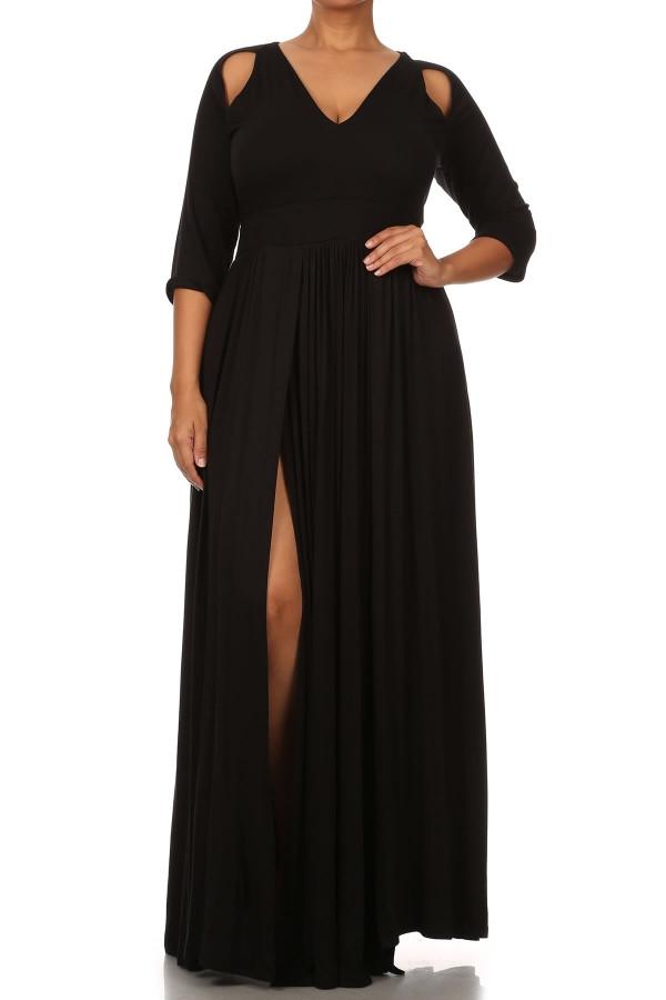 Plus Size Solid Cut Out Shoulder Slit Maxi