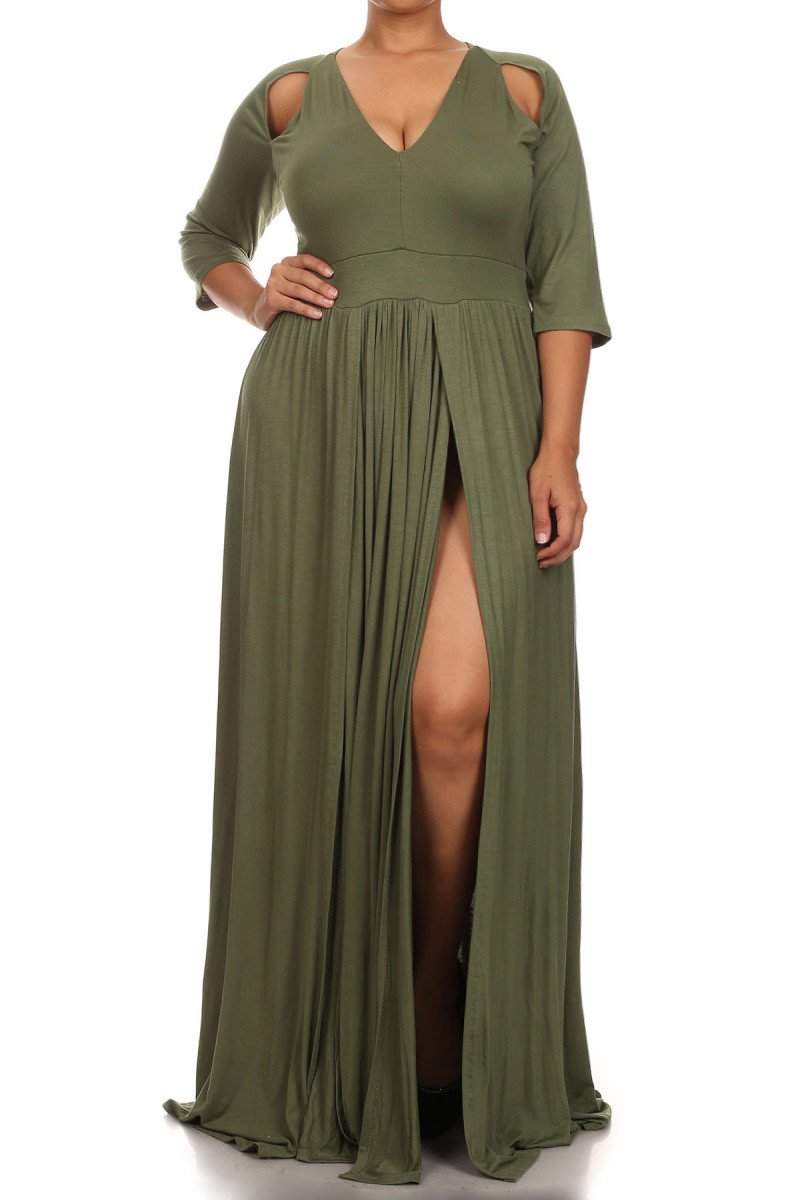 Plus Size Solid Cut Out Shoulder Slit Maxi