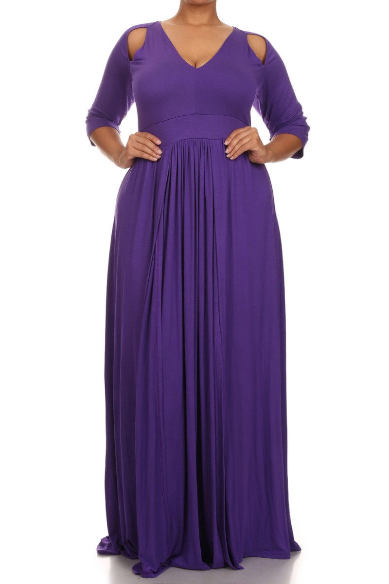 Plus Size Solid Cut Out Shoulder Slit Maxi
