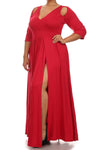 Plus Size Solid Cut Out Shoulder Slit Maxi