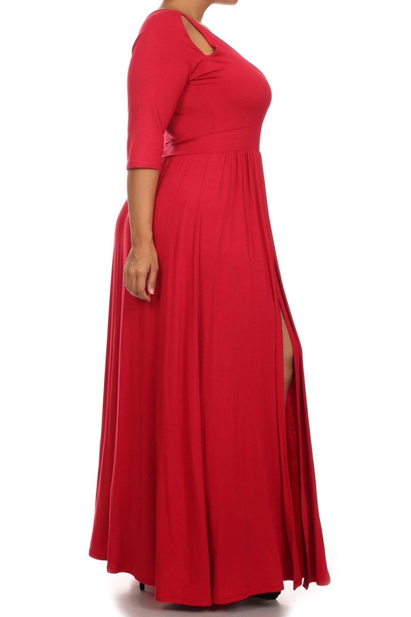 Plus Size Solid Cut Out Shoulder Slit Maxi