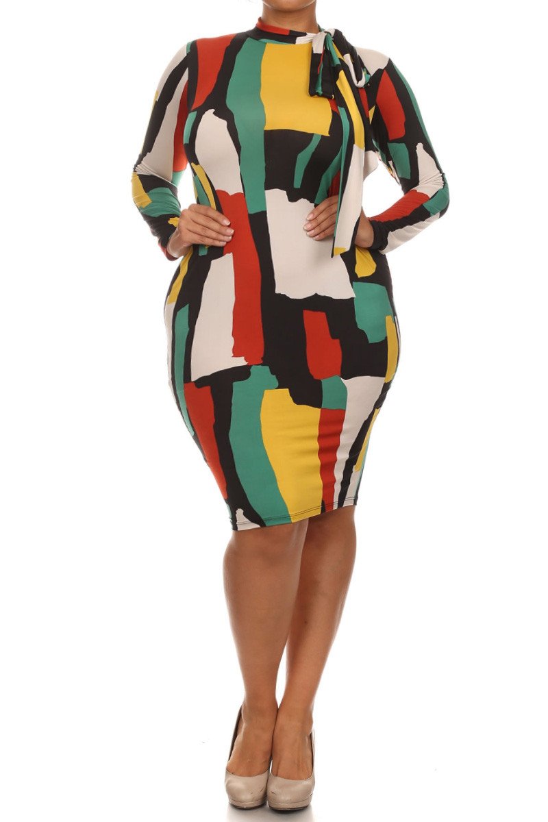 Plus Size Neck Tie Abstract Abstract Art Dress