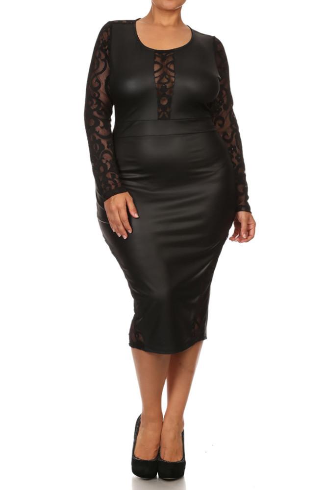 Plus Size PVC Bodycon Lace Contrast Dress