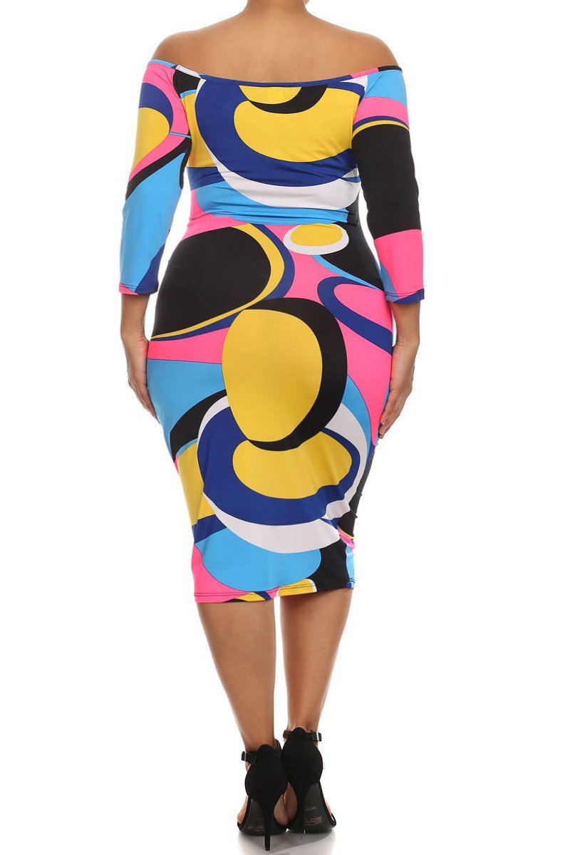 Plus Size Colorful Abstract Bodycon Boat Neck Dress