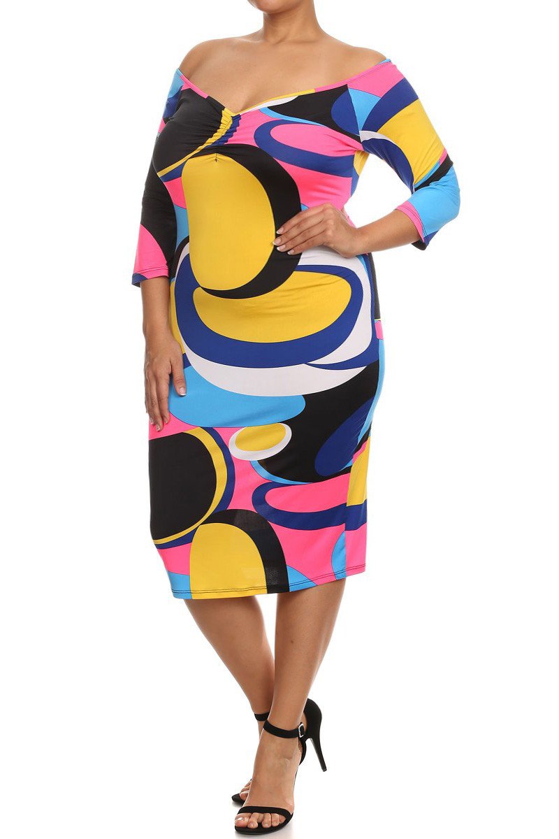 Plus Size Colorful Abstract Bodycon Boat Neck Dress