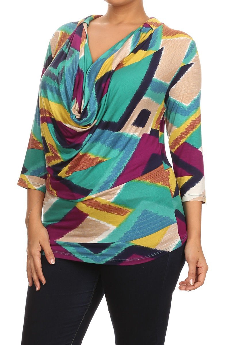 Plus Size Vivid Cowl Neck Mid Sleeve Top