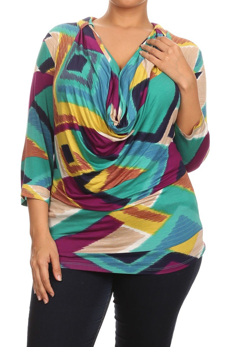 Plus Size Vivid Cowl Neck Mid Sleeve Top