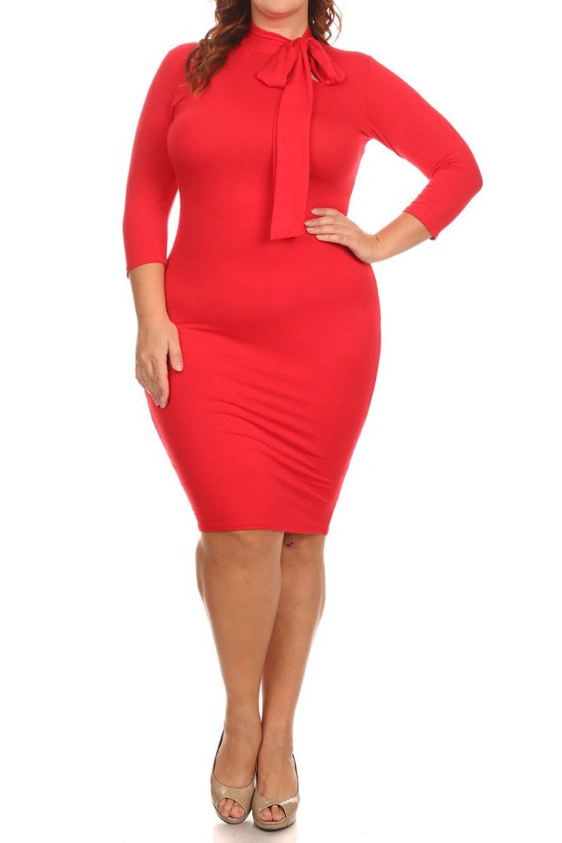 Plus Size Solid 3/4 Sleeve Midi In A Body-con Style With A Neck Dress