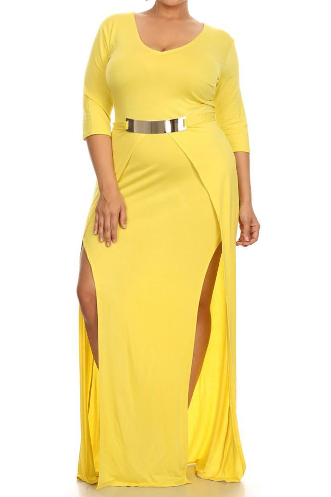 Plus Size Designer Open Slit Waist Buckle Dress