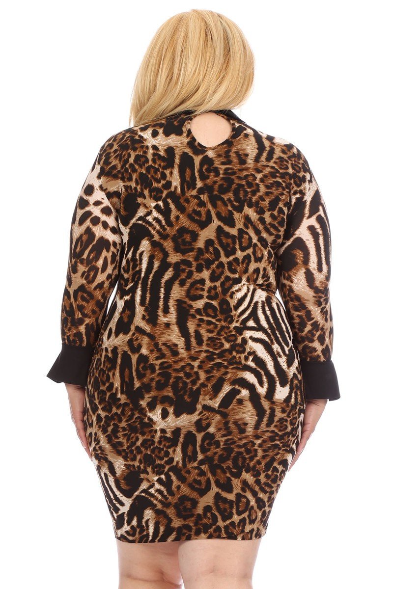 Plus Size Sexy Collared & Cuffed Leopard Print Dress
