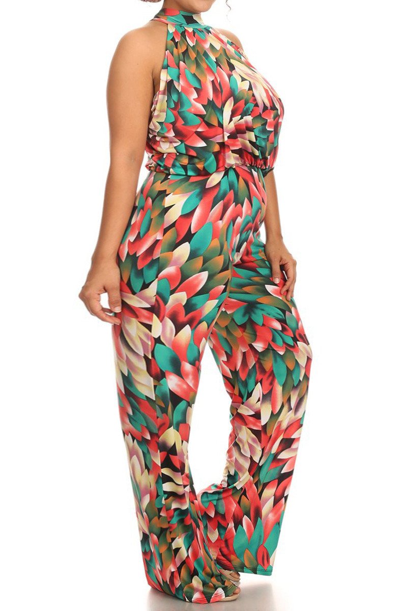 Plus Size Colorful Floral Sleeveless Relaxed Fit Jumpsuit